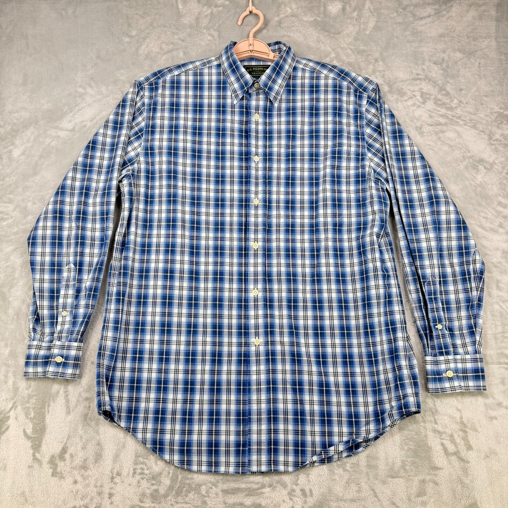 Vintage C.C. Filson Shirt Men M Blue White Plaid Cotton Long Sleeve Button Down